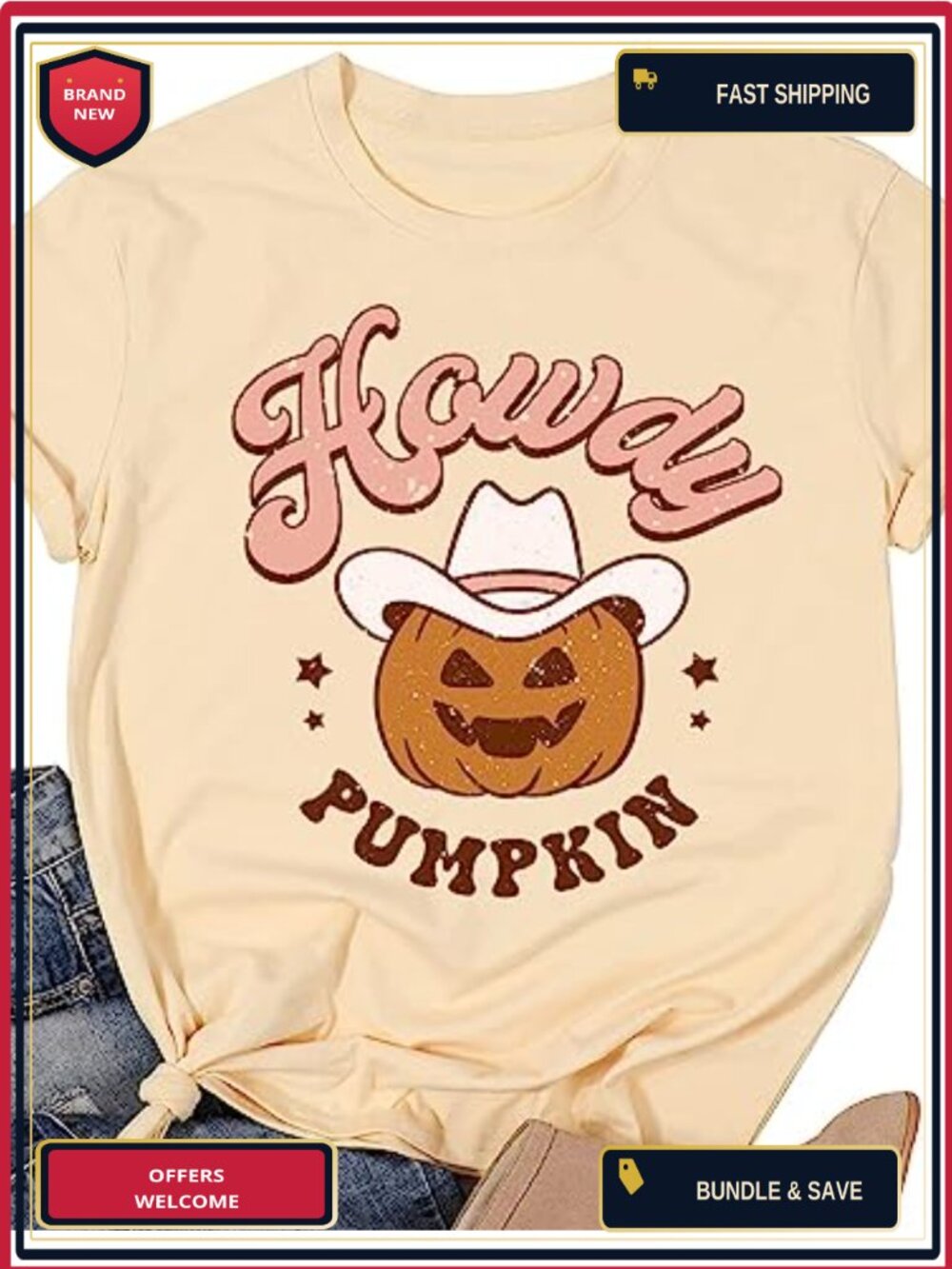 Howdy Pumpkin Western Halloween T-Shirt Women Cotton Blend Fall Tee